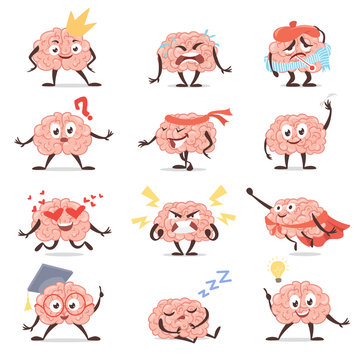 Brain emotions cartoon set, education and knowledge symbol