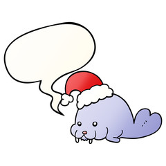 cartoon christmas walrus and speech bubble in smooth gradient style