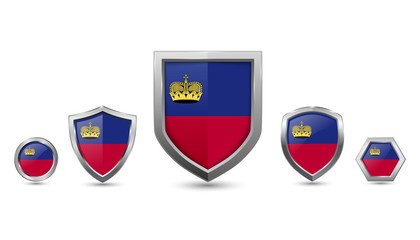 Set of liechtenstein country flag with metal shape shield badge