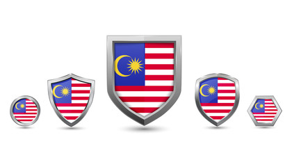 Set of malaysia country flag with metal shape shield badge