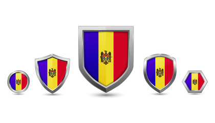 Obraz premium Set of moldova country flag with metal shape shield badge