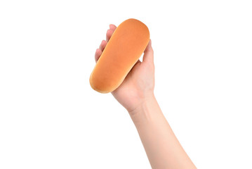 Hot dog bread in woman hand isolated on white background.
