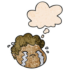 cartoon crying boy and thought bubble in grunge texture pattern style