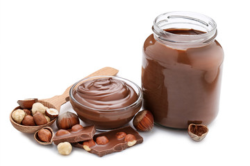 Melted chocolate with hazelnuts isolated on white background