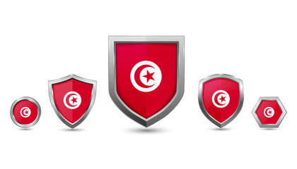 Set of Tunisia country flag with metal shape shield badge