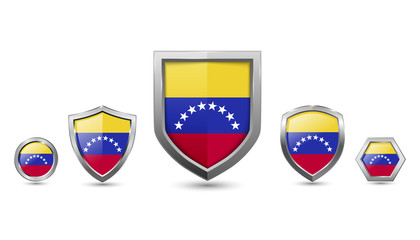Set of Venezuela country flag with metal shape shield badge