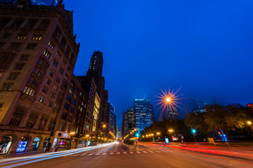 Michigan Avenue and West Monroe Street traffic at night.
