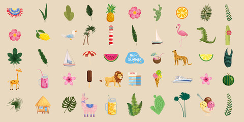 Set of cute trendy summer icons food, drinks, exotic plants, flowers, boats, animals, palm leaves fruits and flamingos