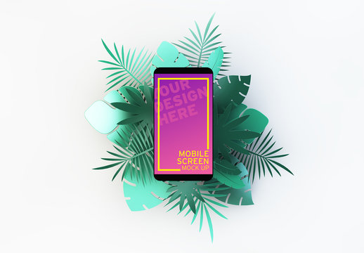 Smartphone with Tropical Leaf Illustrations Mockup