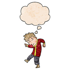 cartoon dancing man and thought bubble in grunge texture pattern style