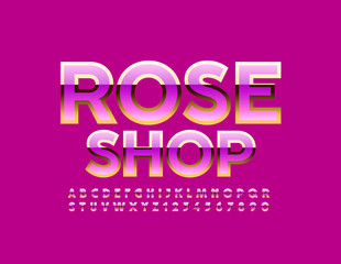 Vector chic logo Rose Shop with shiny Uppercase Font. Reflective Pink and Golden Alphabet. Elegant Letters and Numbers set