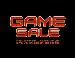 Vector premium banner Game Sale with Uppercase Font. Techno style Alphabet. Red and Gold Letters and Numbers