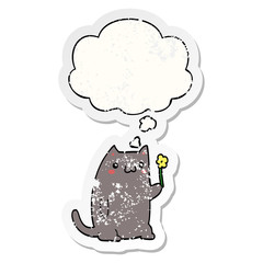 cute cartoon cat and thought bubble as a distressed worn sticker