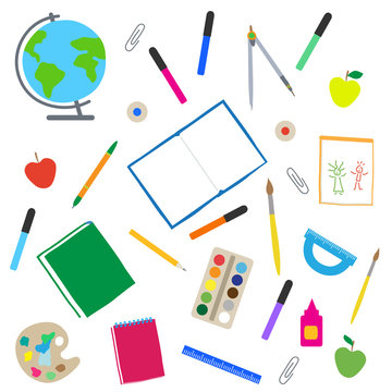 School supplies on on a white background. Collection. Vector illustration.