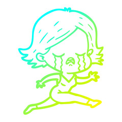 cold gradient line drawing cartoon girl crying whilst running