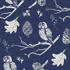 Vector seamless pattern with owl, pine cones, berries and nut. Forest hand drawn illustration.