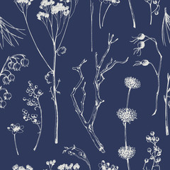 Vector seamless pattern with herbs, flowers, pine cones, branches, and berries. Forest hand drawn illustration.