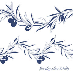 Seamless borders of olive tree branches. Hand drawn vector outline illustration. Decorative design elements.