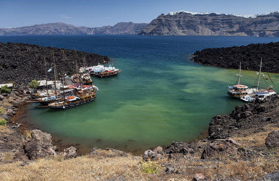 Nea Kameni volcanic island in Santorini, Greece.