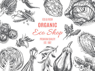 Organic farm shop. Vector sketch of vegetables.