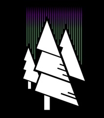 Abstract nature in minimalism, white Christmas trees and abstract borealis on black background. Three white spruces and aurora lights, simple outline design.