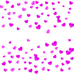 Mothers day background with pink glitter confetti. Isolated heart symbols in rose color. 