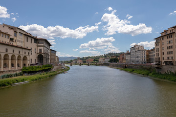 Panoramic view of Florence city and river Arno with bridge in Italy