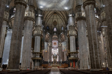 Fototapeta na wymiar Panoramic view of interior of Milan Cathedral (Duomo di Milano)