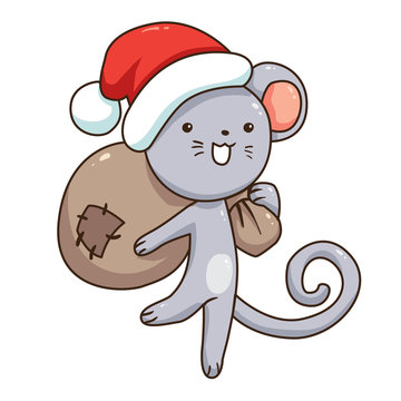 Vector illustration of cartoon cute mouse isolated on white background. Mouse in Santa clothes. Symbol of chinese new year 2020.