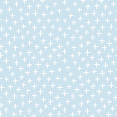 Cute seamless vector background pattern with hand drawn crosses in pastel blue. For baby boy shower, Birthday, Wedding, scrapbook, greeting cards, textiles, gift wrapping paper, surface textures.