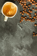 coffee in a white cup. food background. top