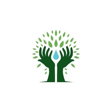 hand tree hold water drop leaf logo vector icon illustration
