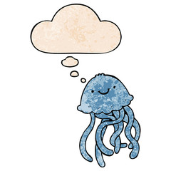 cartoon happy jellyfish and thought bubble in grunge texture pattern style