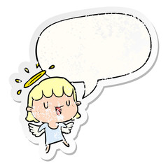 cute cartoon angel and speech bubble distressed sticker