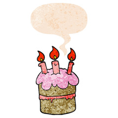 cartoon birthday cake and speech bubble in retro textured style