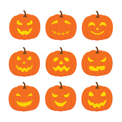 Set of halloween pumpkins, funny faces. Autumn holidays. Vector illustration