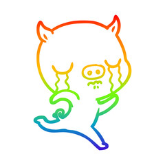 rainbow gradient line drawing cartoon running pig crying