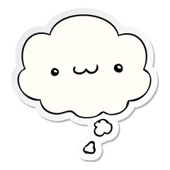 happy cartoon expression and thought bubble as a printed sticker