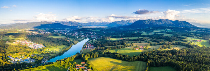 Aerial Panorama Bad Tölz, Isar Valley, Germany Bavaria. Sunset shot in June
