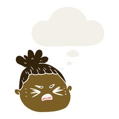 cartoon female face and thought bubble in retro style