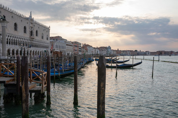 Panoramic view of Laguna Veneta coast of Venice city with gondolas