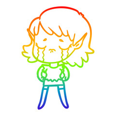 rainbow gradient line drawing cartoon crying elf girl