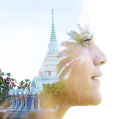 Double exposure profile portrait of a young traveller combined with Buddhist temple in Bangkok,...