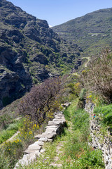 Narrow path in the mountains (Cyclades, Andros Island, Greece)