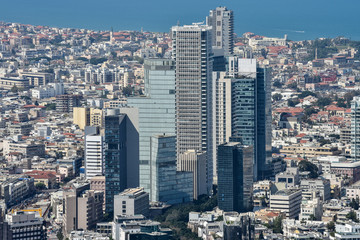 Fototapeta na wymiar Tel Aviv Cityscape Aerial View. Modern Skyscrapers and Old Buildings in Tel-Aviv, Israel. 