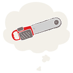 cartoon chainsaw and thought bubble in retro style