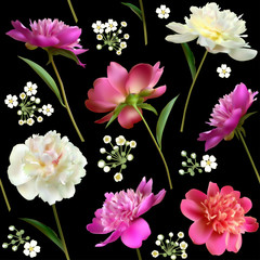 Peonies. Seamless pattern. Flowers. Floral background. Leaves. Petals. Pink. Red. White. Dark backdrop. Color. Bright.