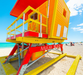 Colorful lifeguard hut in world famous Miami Beach