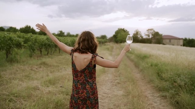 Attractive young woman dancing in countryside. Concept of loving the life. Handheld slow motion medium shot