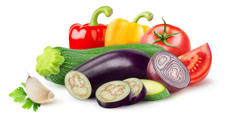 Isolated ratatouille ingredients. Raw cut vegetables (zucchini, eggplant, tomato, onion, pepper, garlic) isolated on white background with clipping path